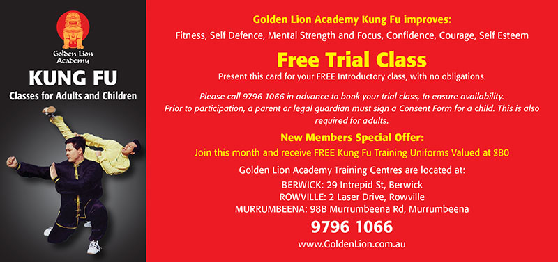 coupon for a kung fu free trial class at golden lion